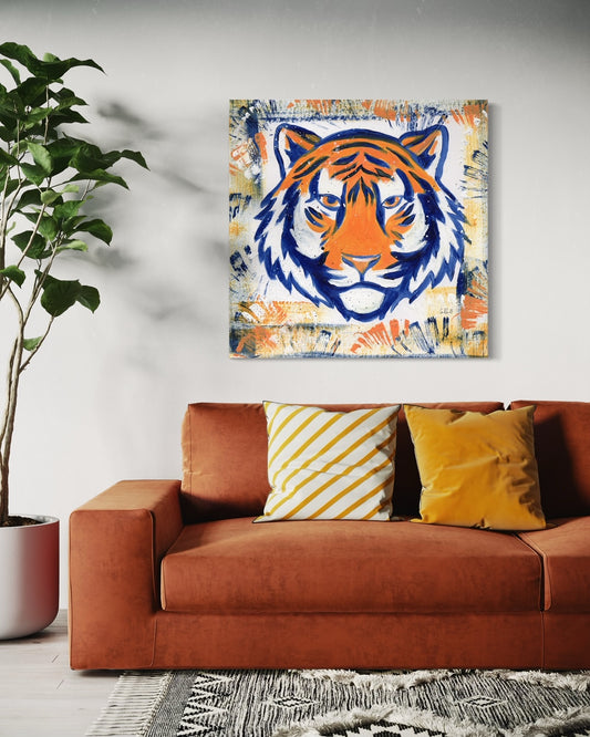 Auburn University Tiger Mascot Canvas Print with orange and blue background and orange sofa