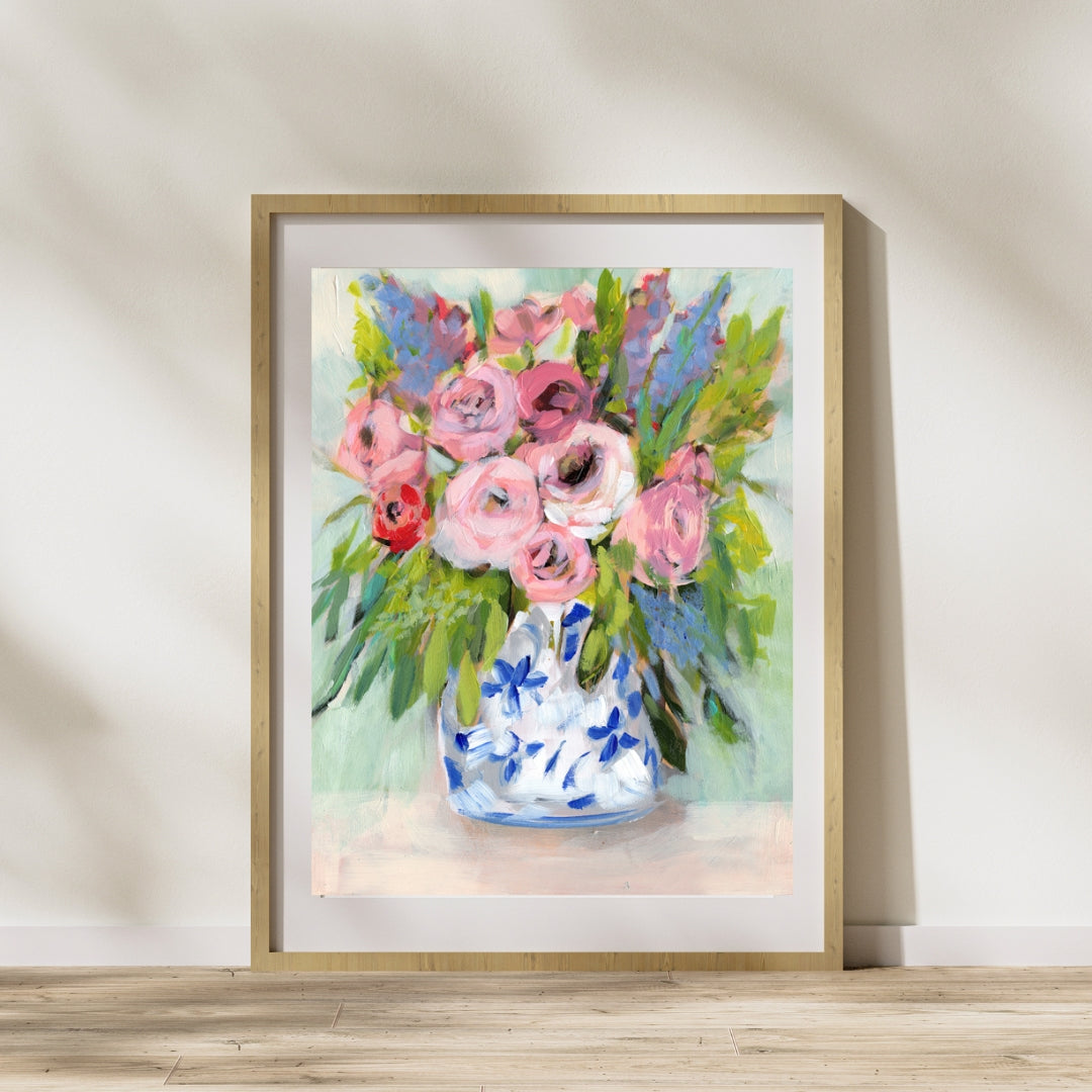 Beige framed floral art, modern interior, Hello Monday Instagram post.