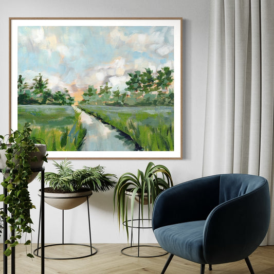 Coastal Oak One Landscape Art Print. Salt marsh fine art print with shades of blue and green. Framed in natural frame in neutral living space.