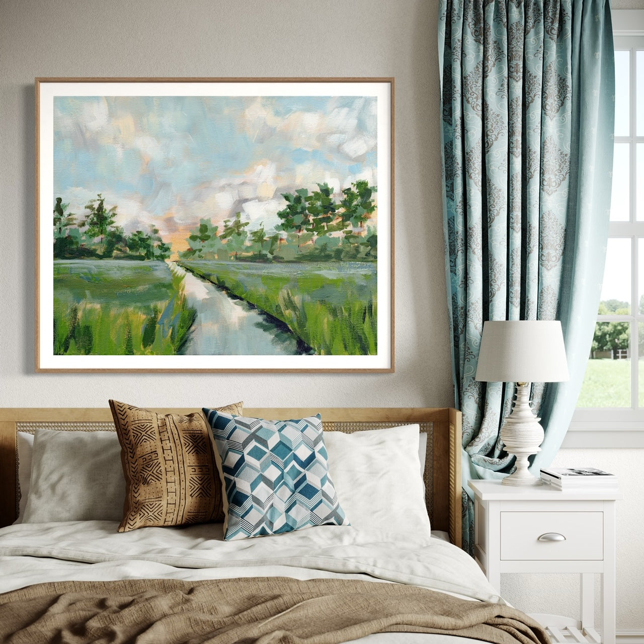 Coastal Oak One Landscape Art Print. Salt marsh fine art print with shades of blue and green in neutral bedroom scene.