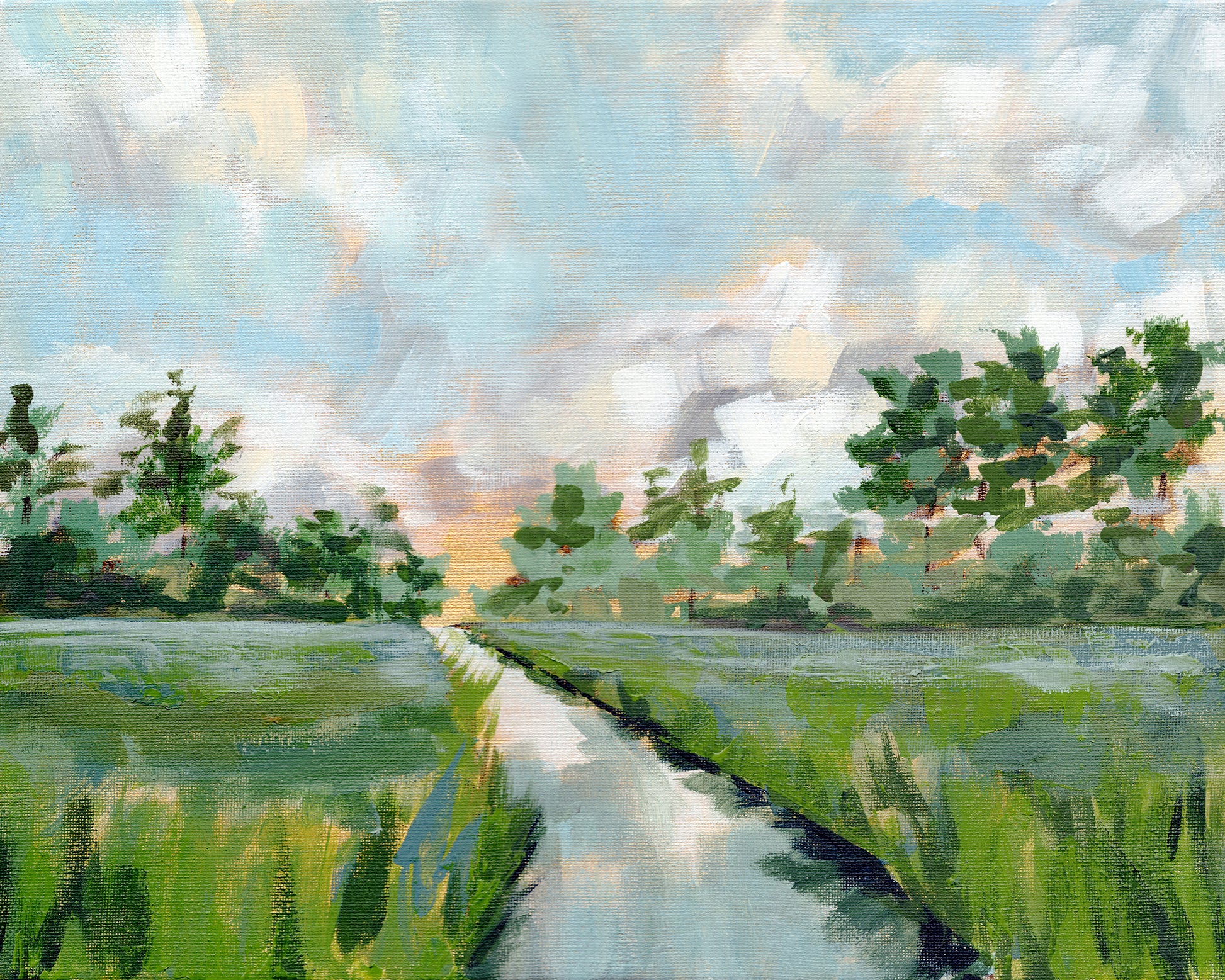 Coastal Oak One Landscape Art Print. Salt marsh fine art print with shades of blue and green