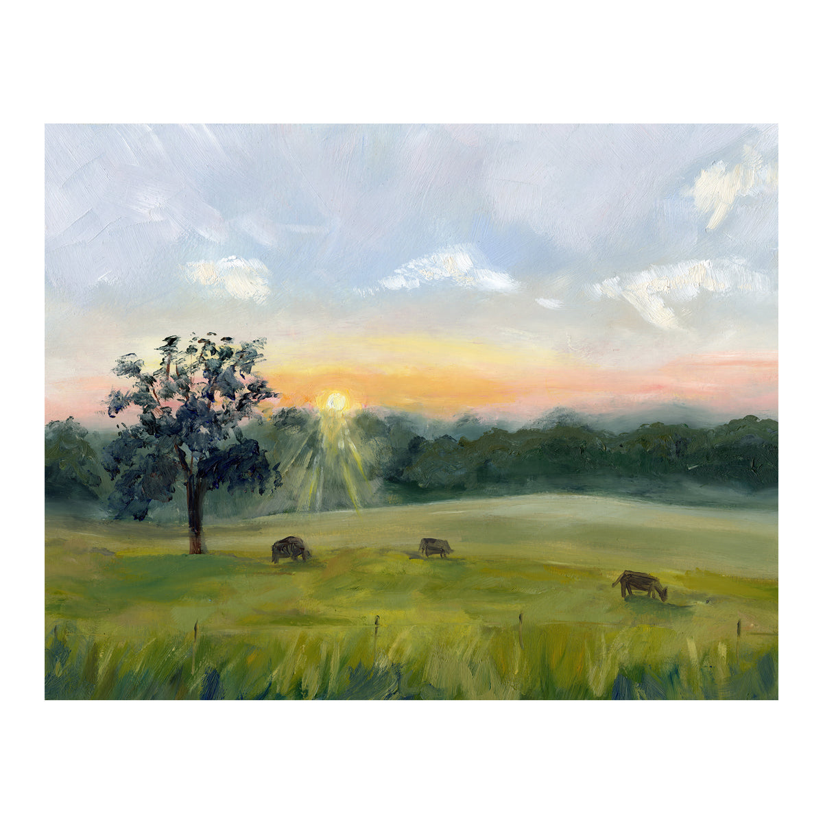 Painting of sunrise over field with tree and animals