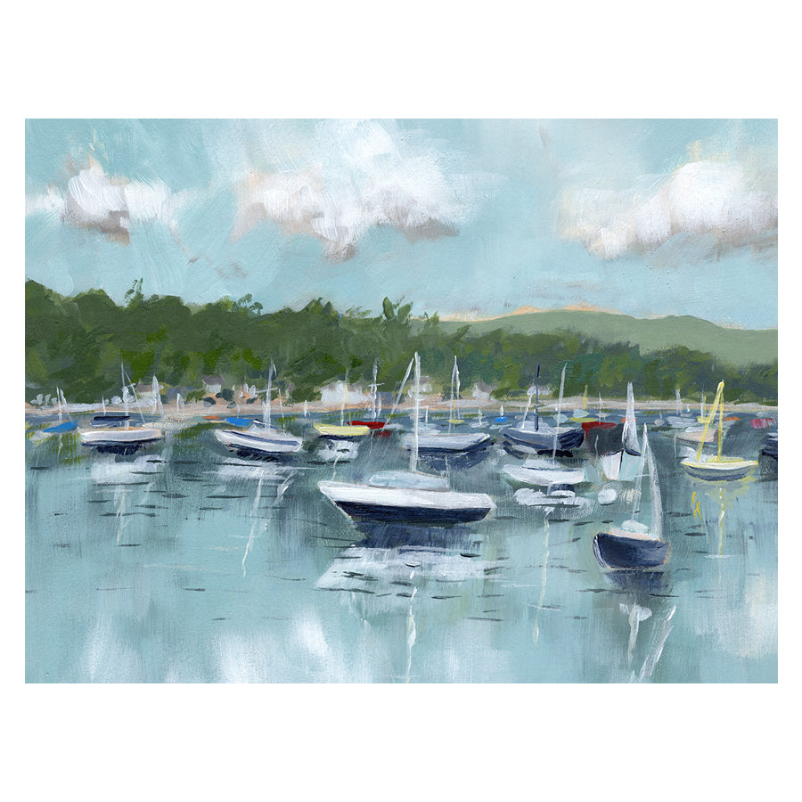 Float Sailboat Landscape Fine Art Print on white background. Painting of sailboats and reflections on calm water.