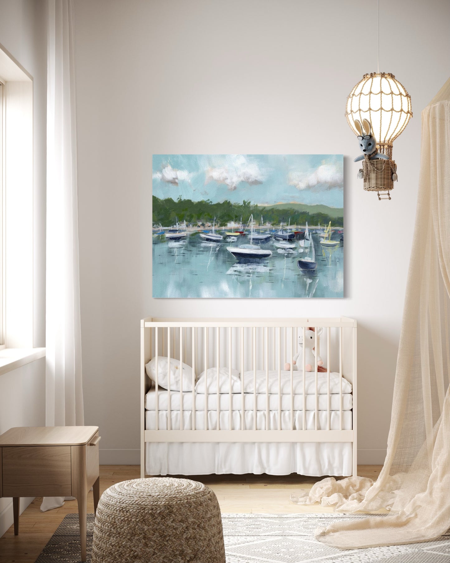 Float Sailboat Landscape Fine Art Print in neutral nursery. Painting of sailboats and reflections on calm water.