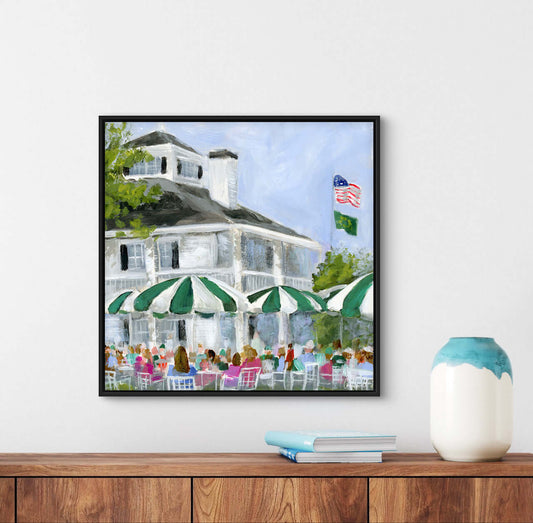 Painting of a white building, green umbrellas, and people seated at tables.