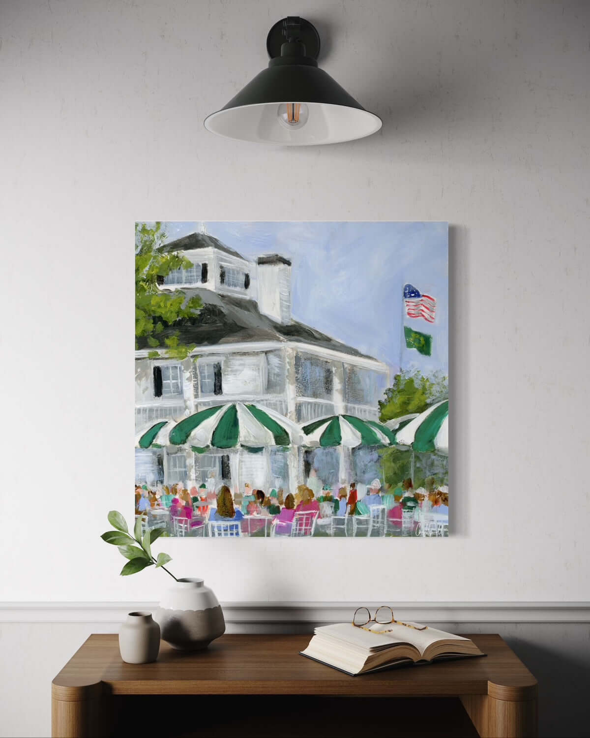Painting of restaurant with green umbrellas, IMG_0160