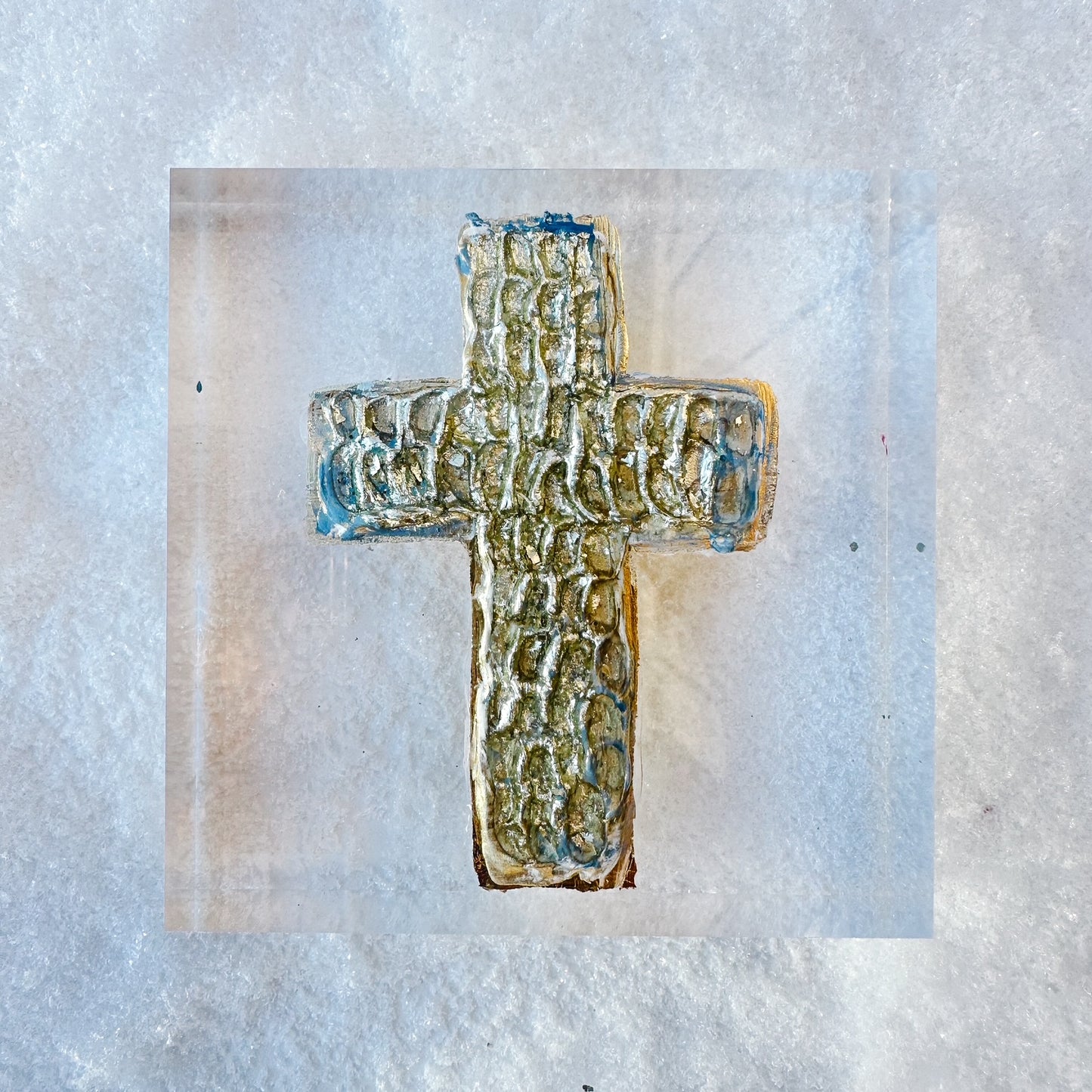 Golden Sculpted Cross Acrylic painting - Blue