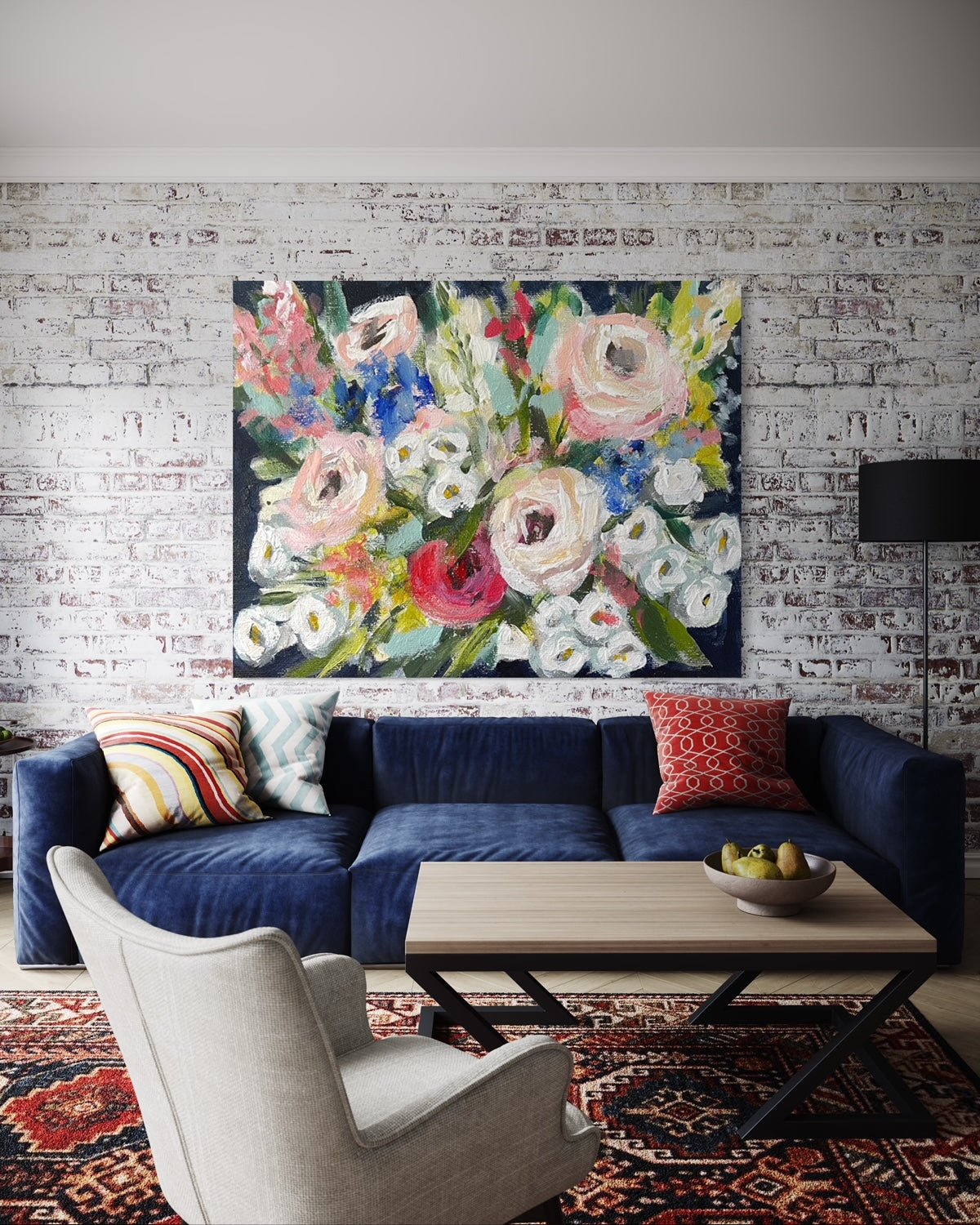 Floral painting above blue sofa
