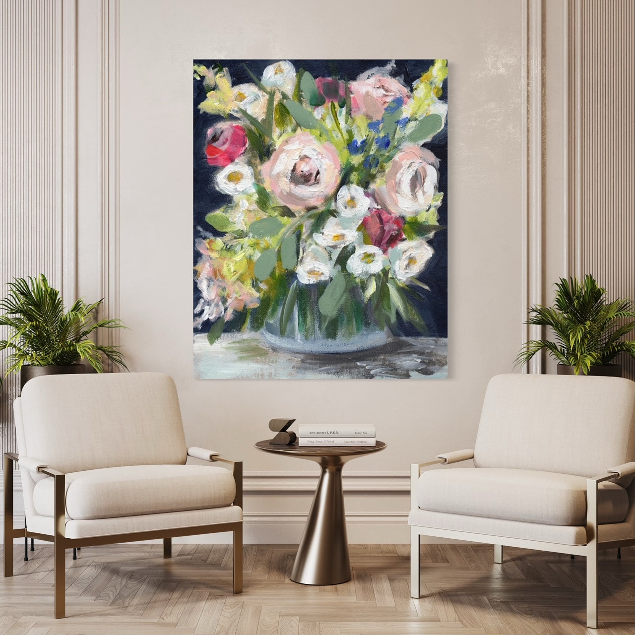 Painting of a floral bouquet in a vase.