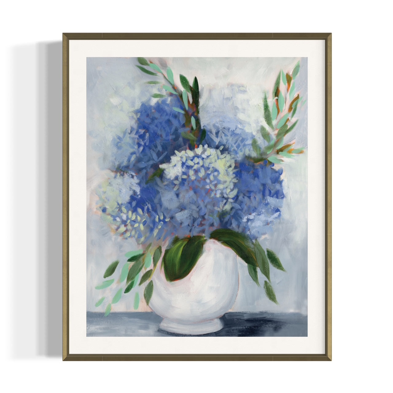 Painting of blue hydrangeas in a white vase.