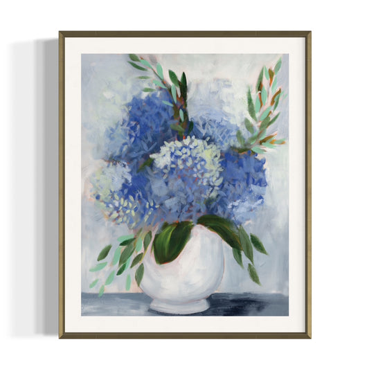 Painting of blue hydrangeas in a white vase.