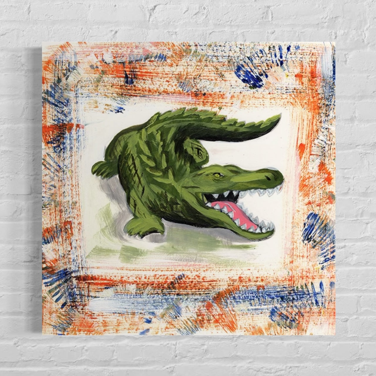 University of Florida Gator Mascot art print. Green alligator with orange, blue and white background on white brick wall