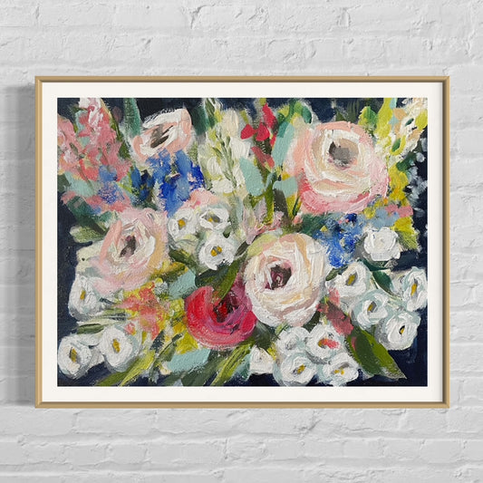 Painting of colorful flowers in a gold frame.
