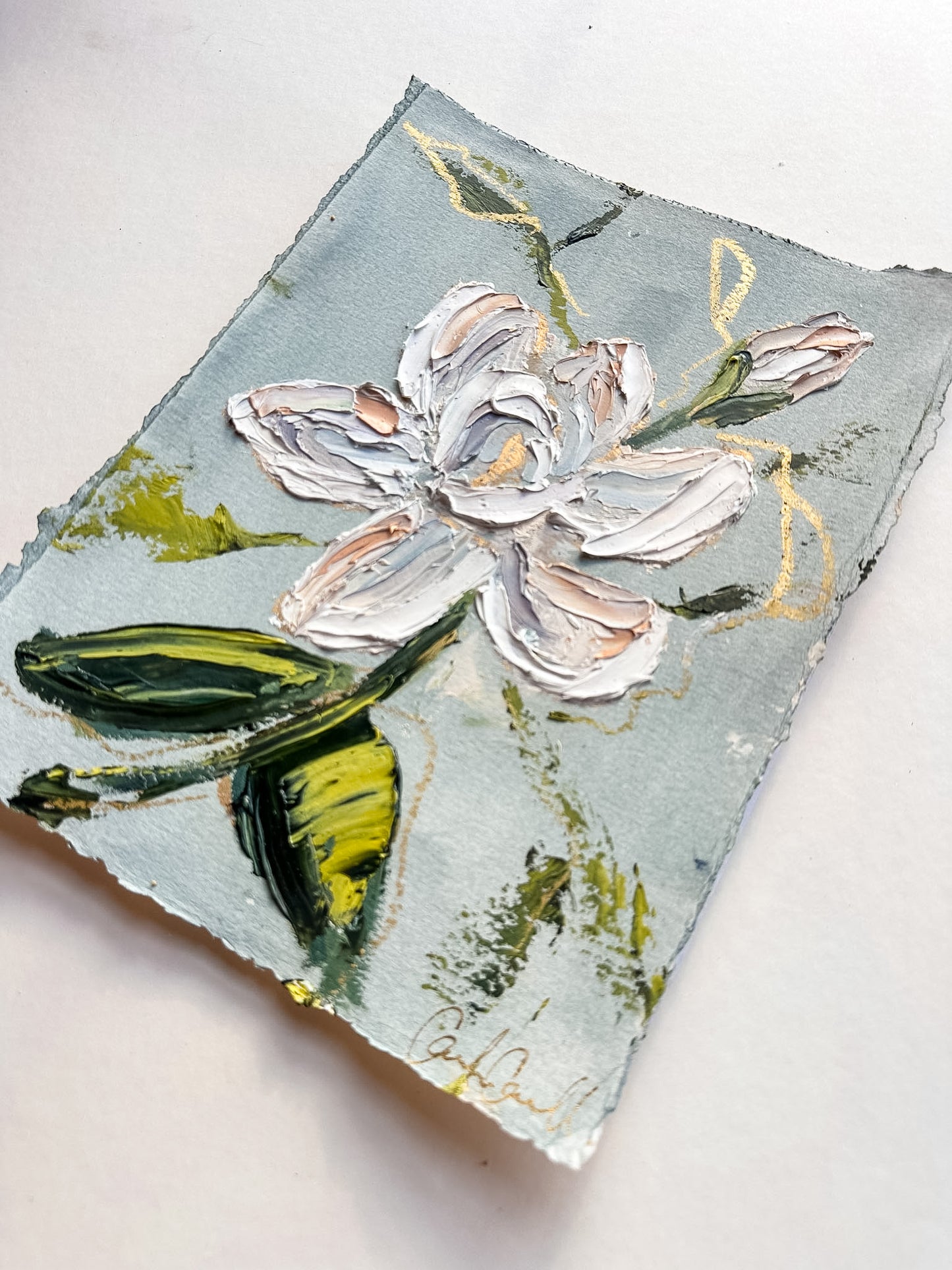 Magnolia Bloom - Oil Painting on light blue