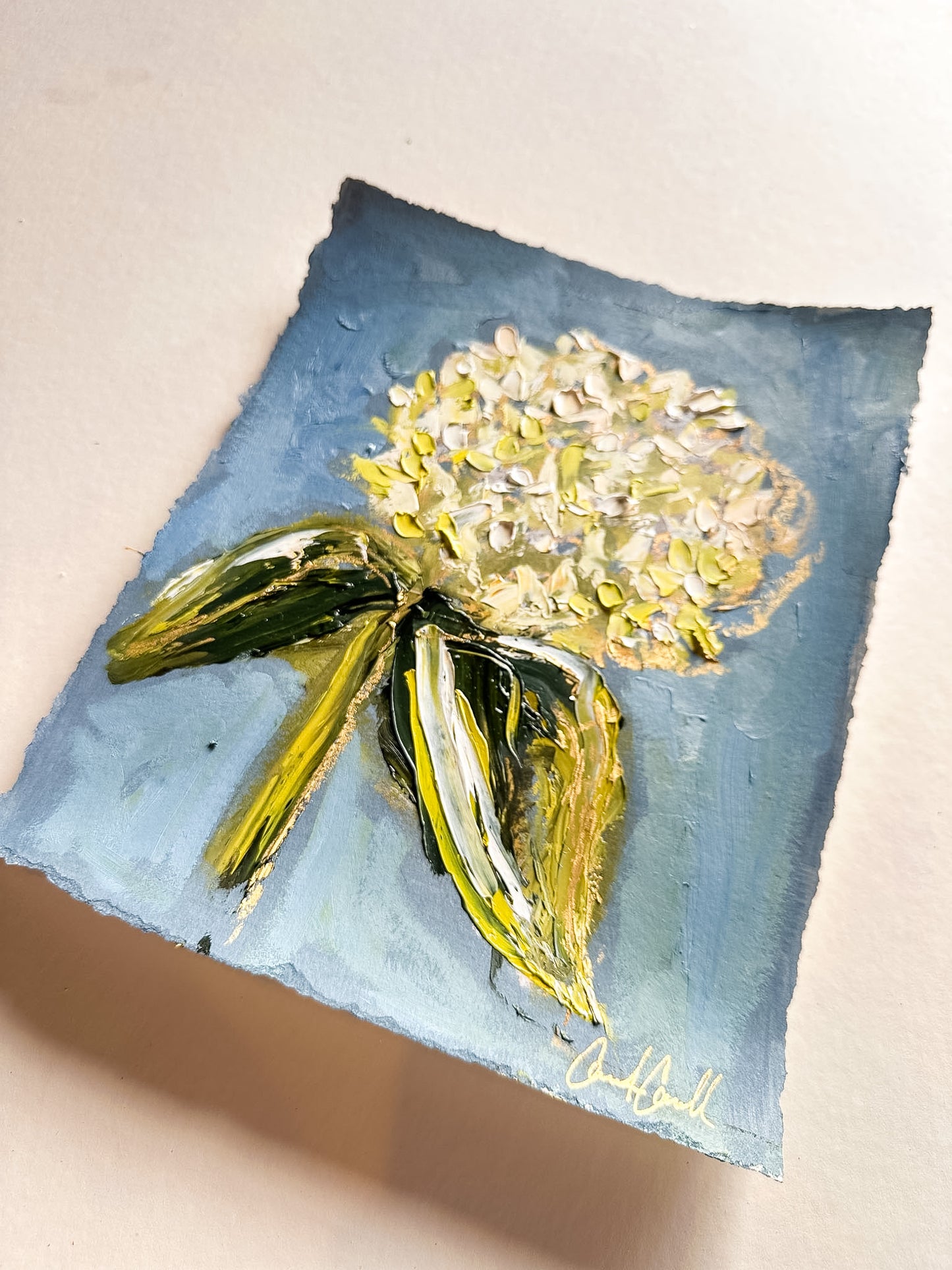 Limelight Hydrangea Bloom II - Oil Painting on blue