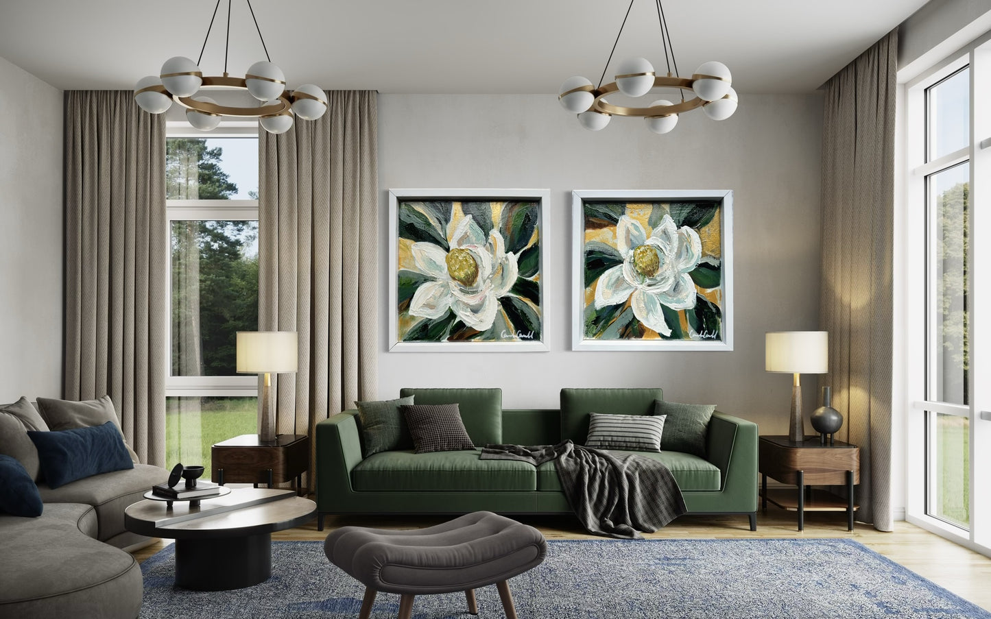 Living room with magnolia art, green sofa, and modern design