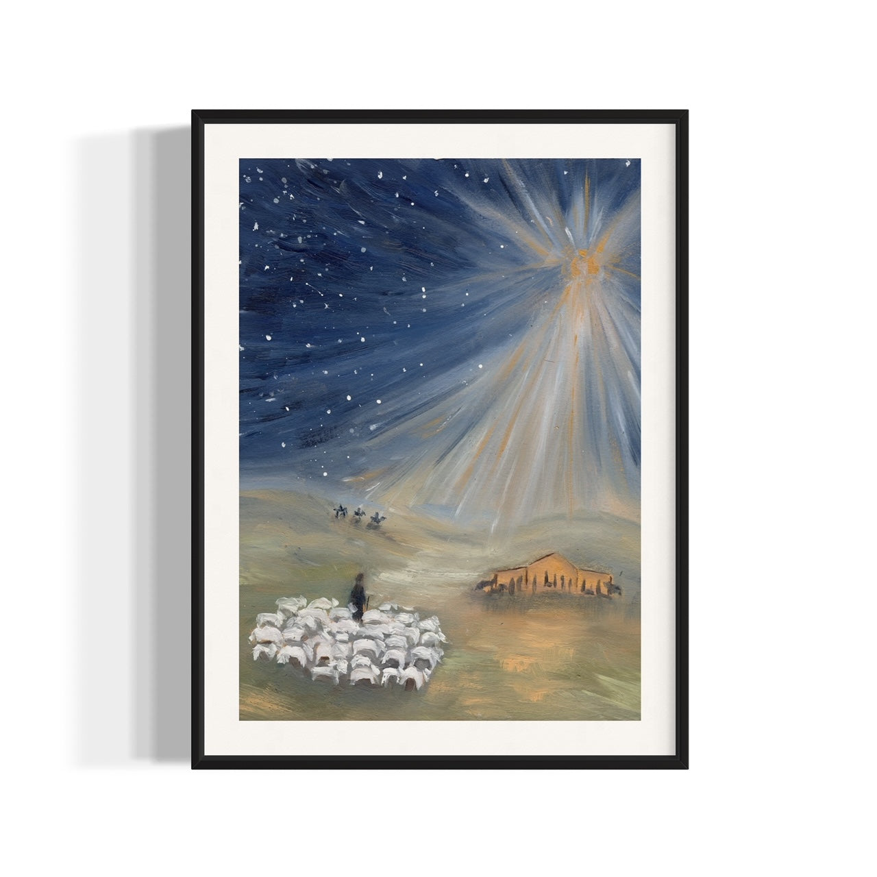 Painting of shepherds, sheep, and a star over a stable.