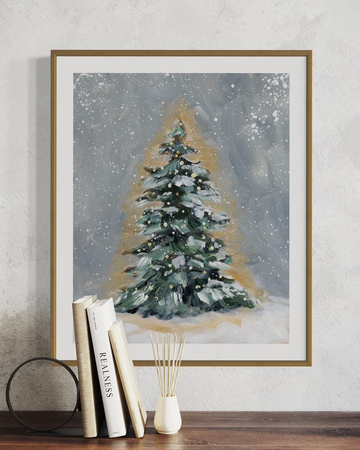 Painting of a Christmas tree in the snow.
