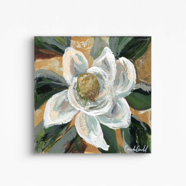 Painting of a white magnolia flower and green leaves.