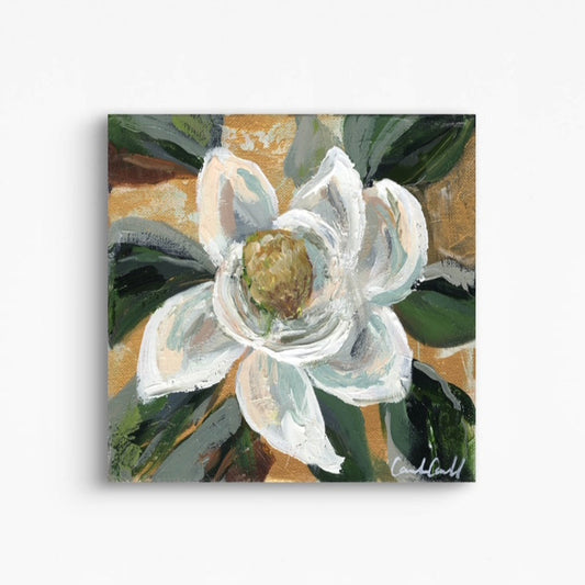 Painting of a white magnolia flower and green leaves.