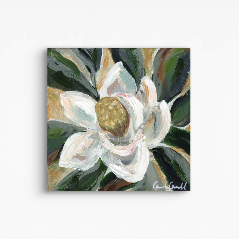 Painting of a white magnolia flower with green leaves.