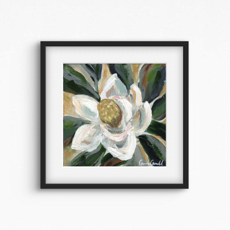 Painting of a white magnolia flower in a black frame.