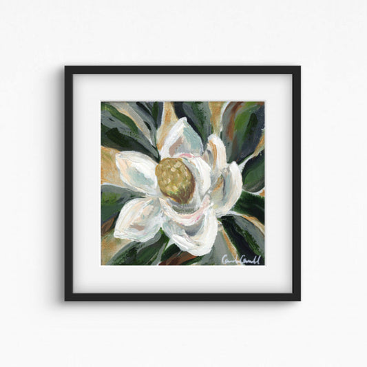 Painting of a white magnolia flower in a black frame.