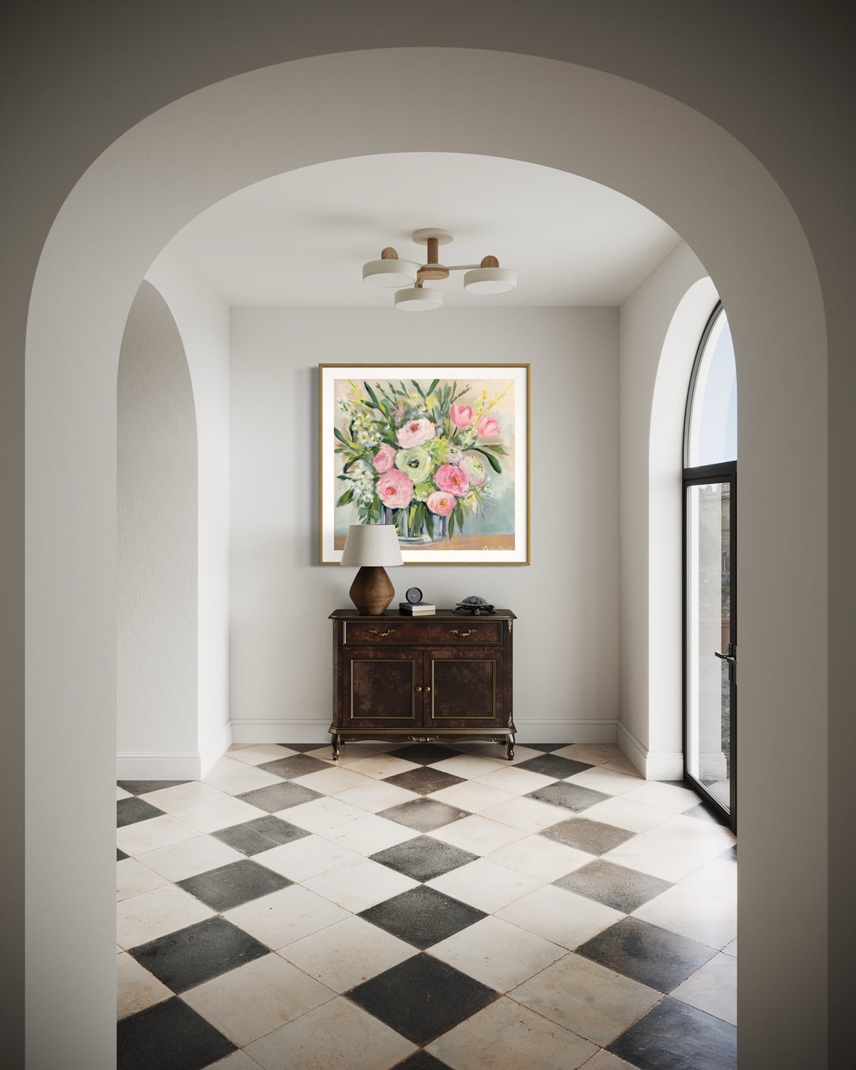 floral art print of pink and white peonies with yellow forsythia softly accented by a soft-lit grey background in formal entry way with checkered tile floor.