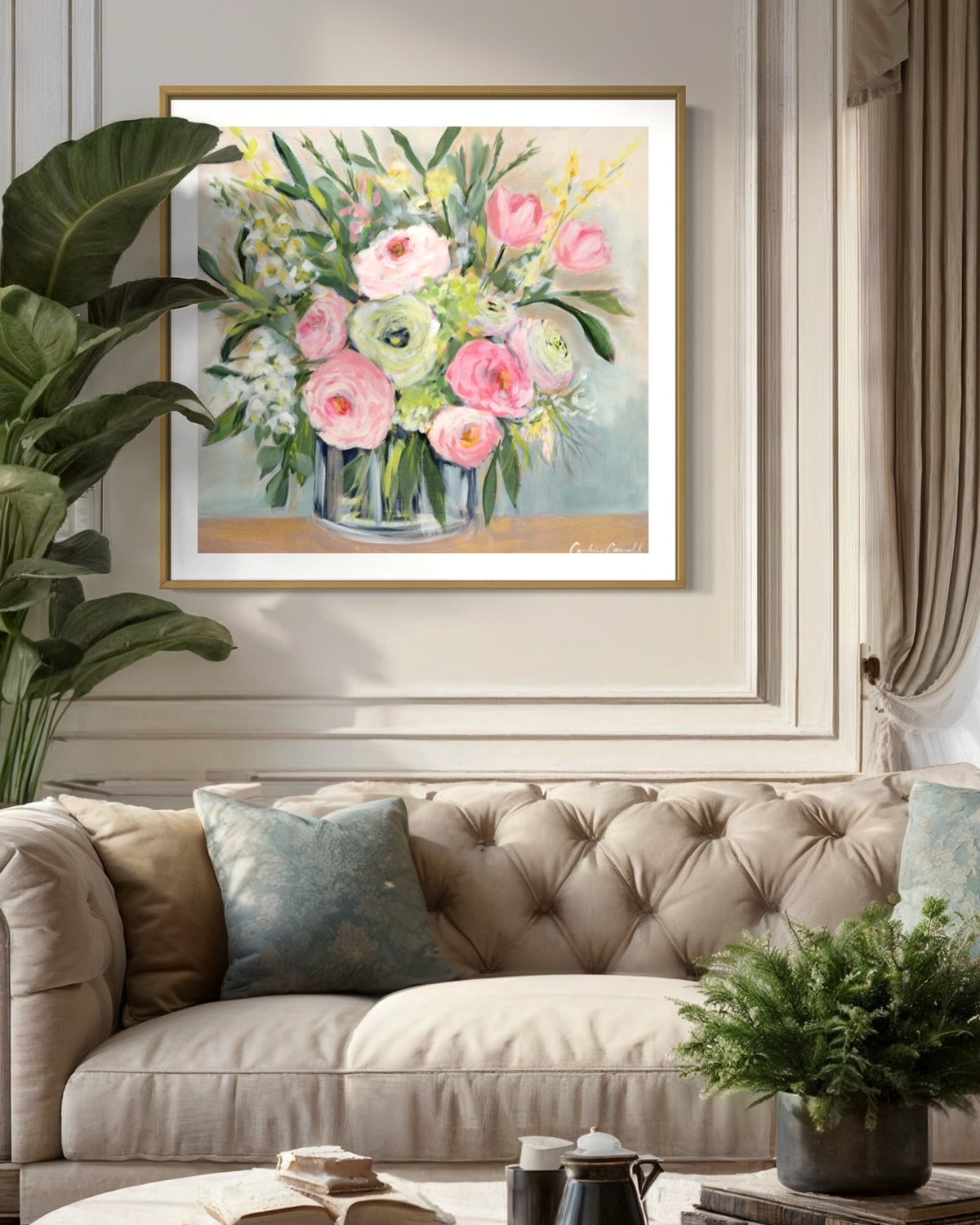 floral art print of pink and white peonies with yellow forsythia softly accented by a soft-lit grey background in stylish living room