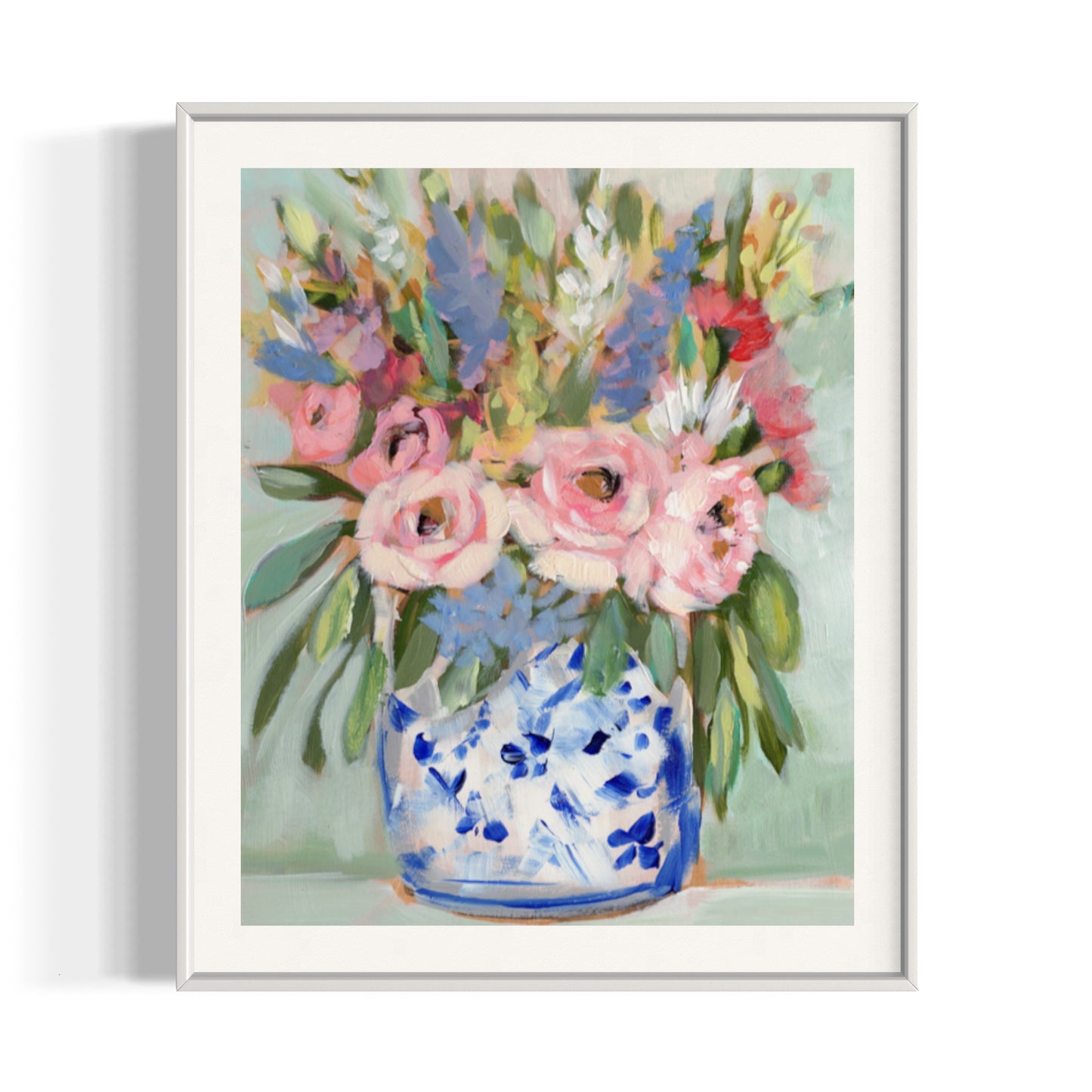 June peonies fine art print. Pink peonies, blue hydrangeas and red accents in ginger jar and mint green background. Framed in gold frame.