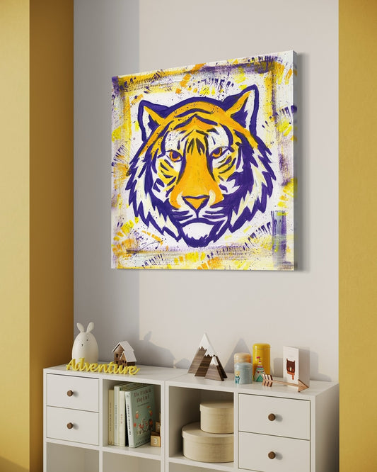 Louisiana State University Tiger Mascot Art Print. Background of purple, gold and white.