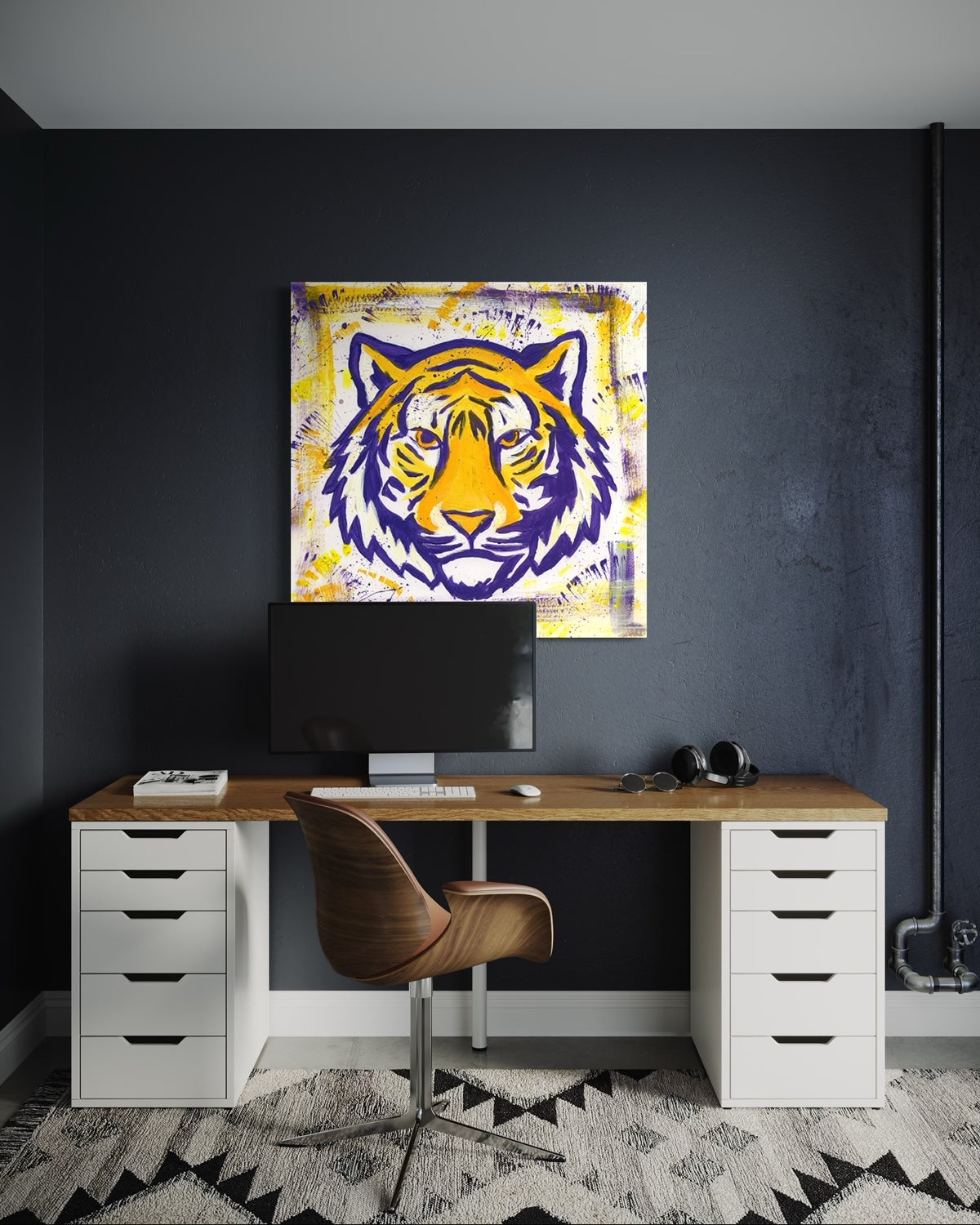 Louisiana State University Tiger Mascot Art Print in dark wall office space