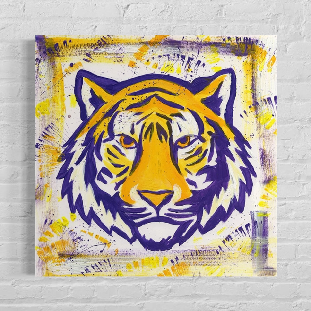 Louisiana State University Tiger Mascot Art Print on white painted brick wall