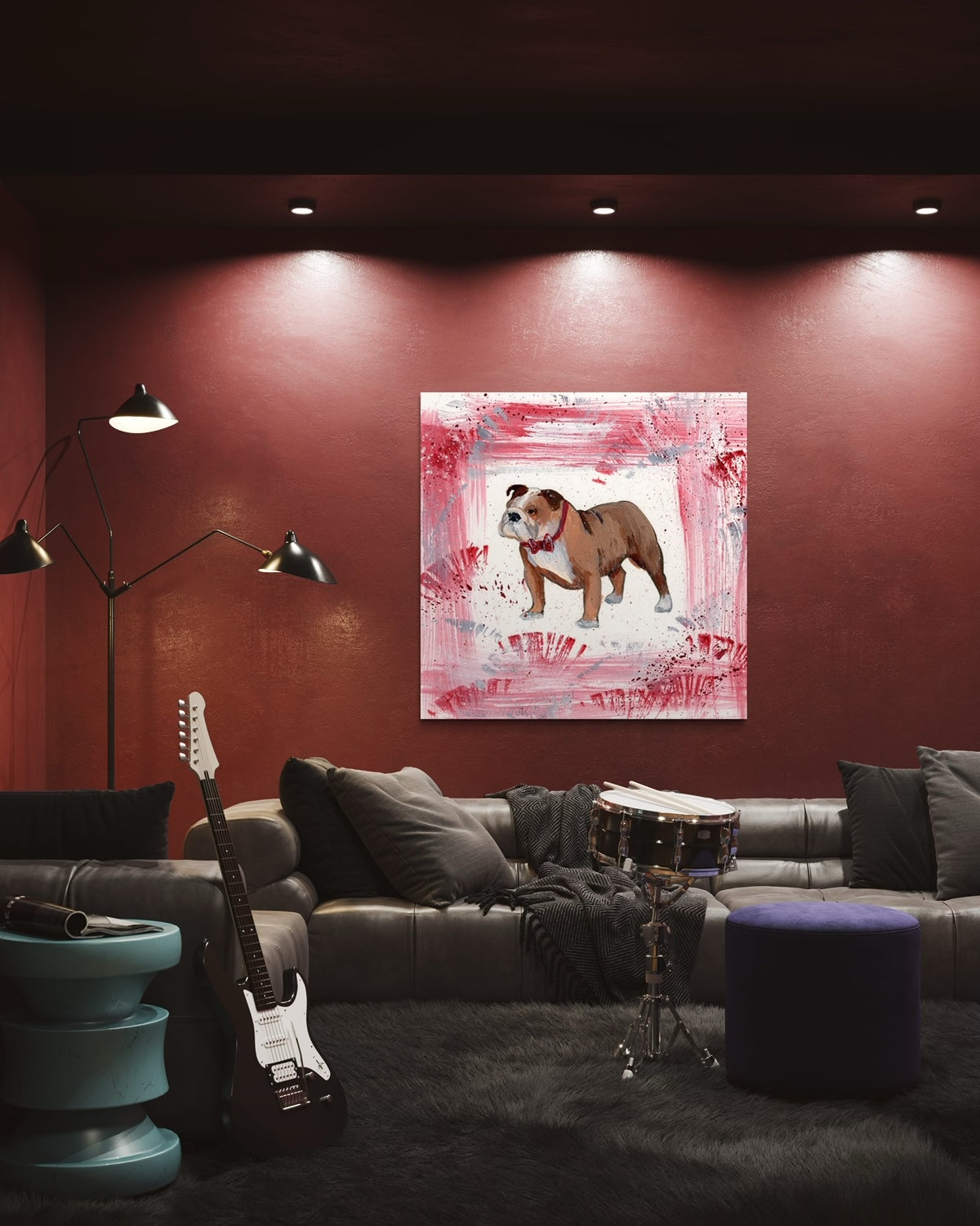 Mississippi State University Mascot Canvas Print hung in dark crimson colored music studio