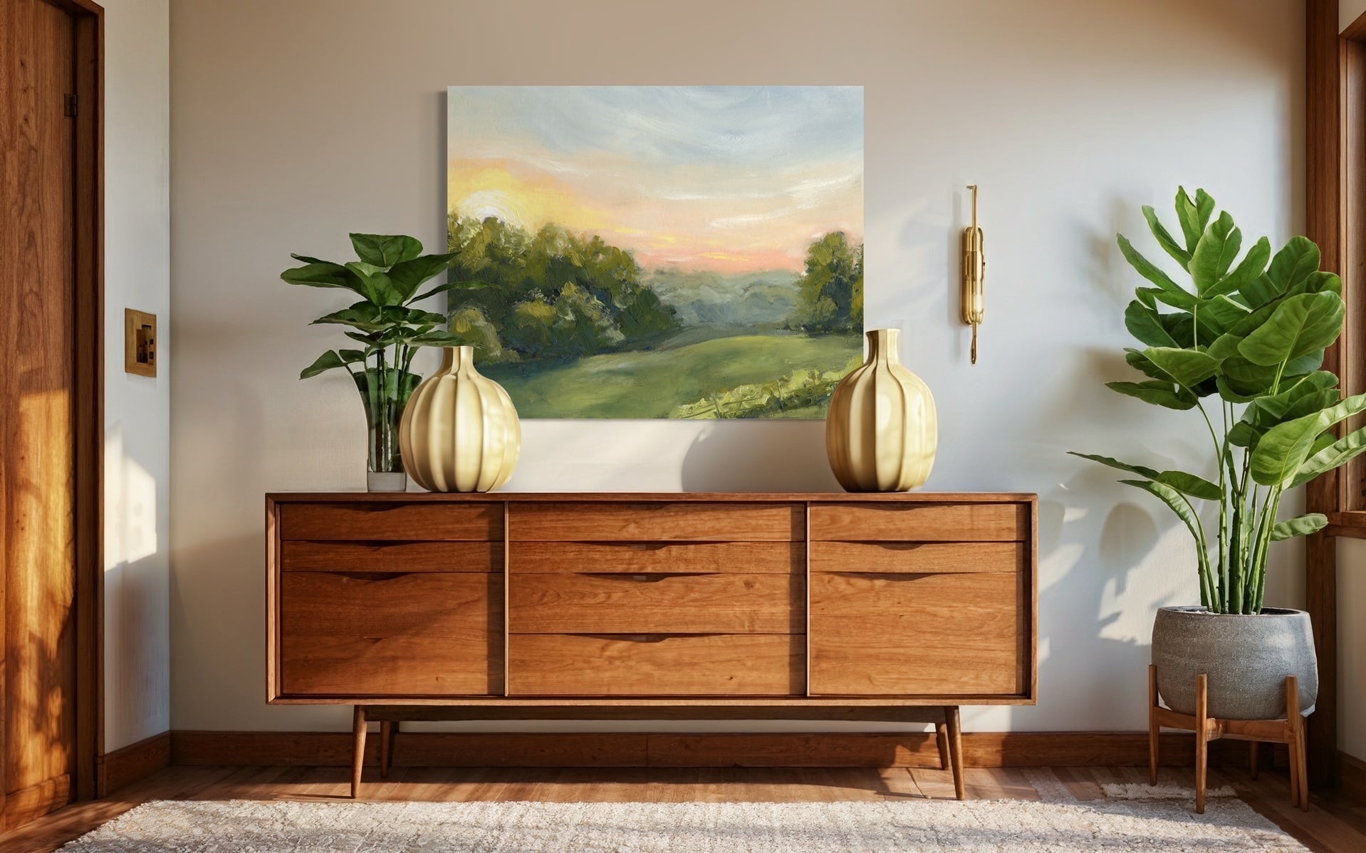 Morning Pasture Fine Art print of sunrise over the trees in a green pasture in a room with natural wood tones