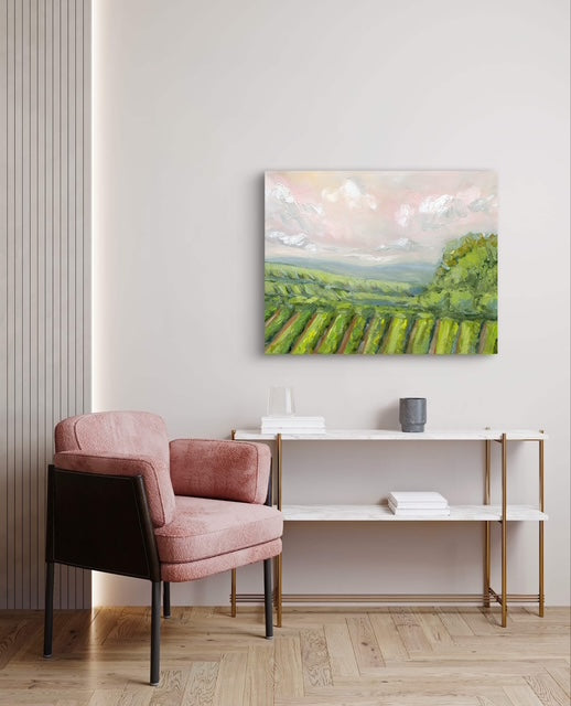 pink vineyard painting on blank wall