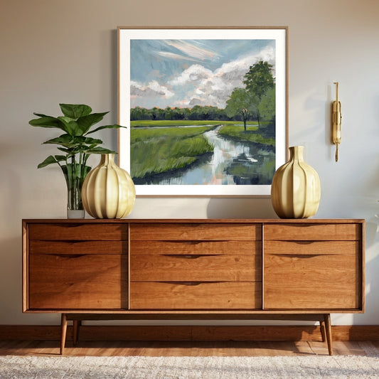 Shady Marsh Landscape Art Print framed print over large wood console table