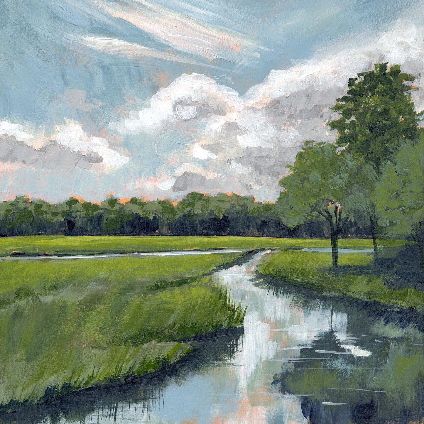 Shady Marsh Landscape Art Print with water reflections and sweeping skies in colors of blue, green and white