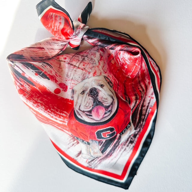 Silk scarf with a Georgia bulldog design on a red, black, and white background