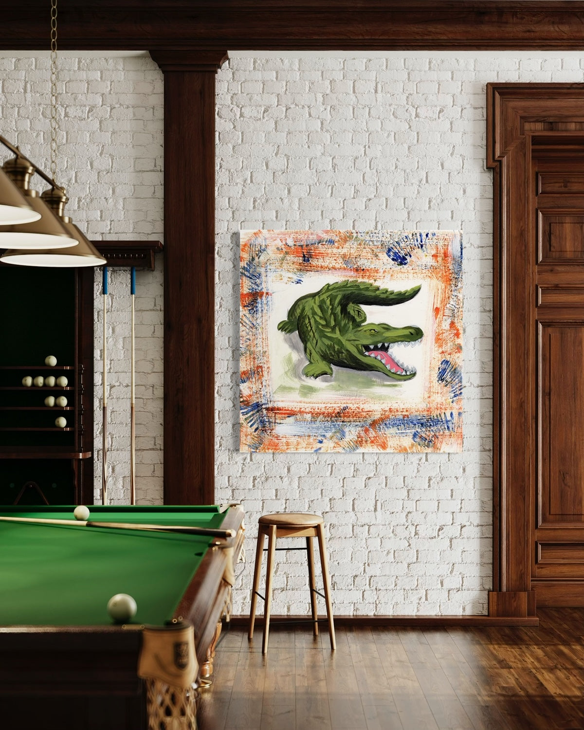 University of Florida Gator Mascot art print. Green alligator on orange and blue background on painted white brick wall in billiard room