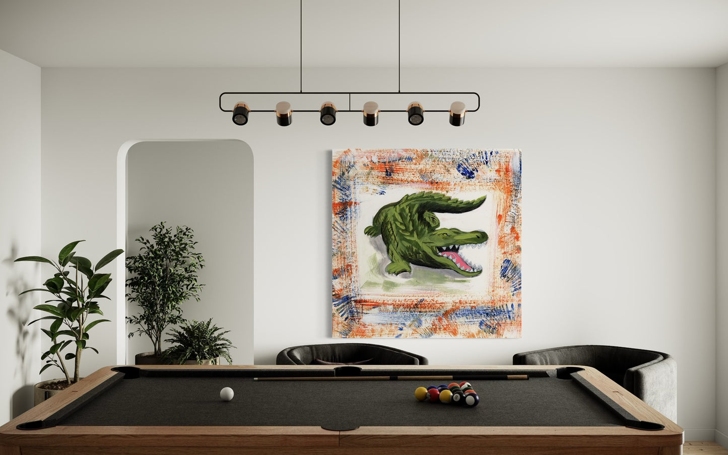 University of Florida Gator Mascot art print in billiard room with black pool table and white walls.