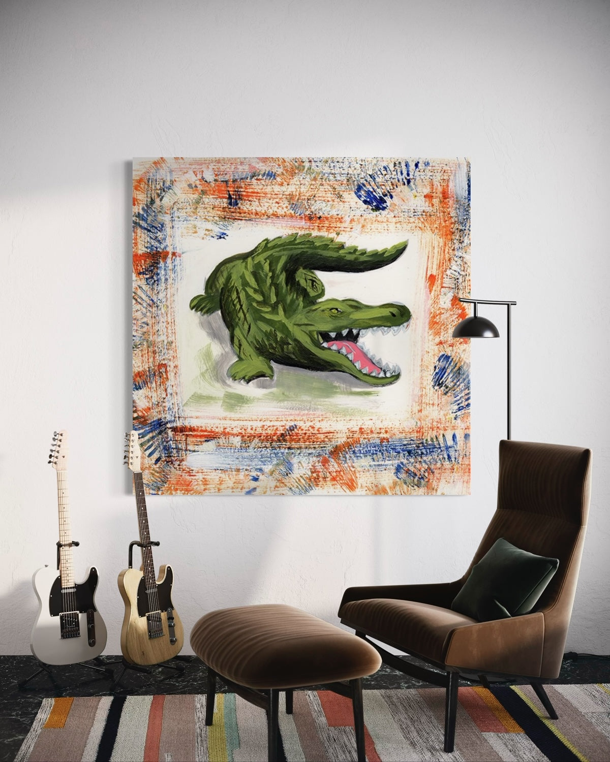 University of Florida Gator Mascot art print in music room. Green alligator on orange, blue and white background.