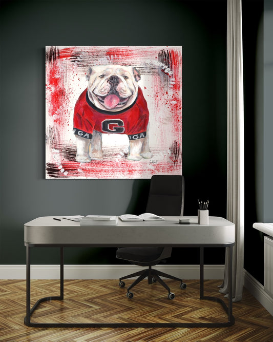 University of Georgia bulldog mascot with red and black background in dark office space