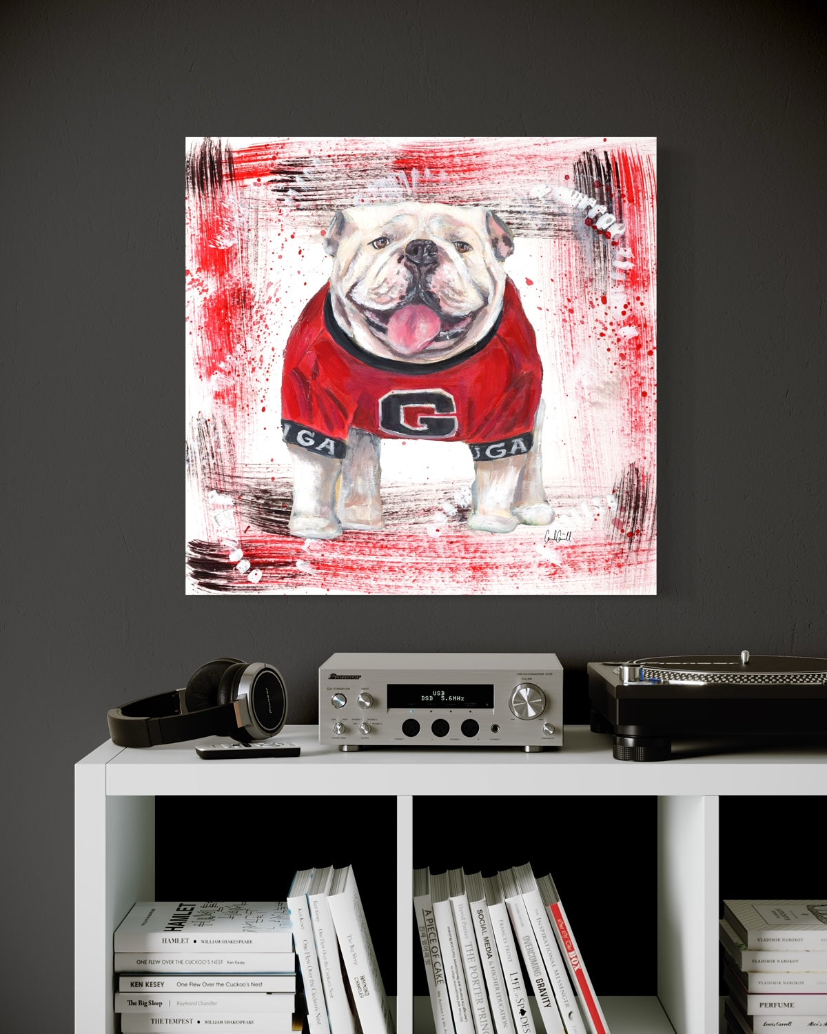 University of Georgia bulldog mascot with red and black background on dark gray walls
