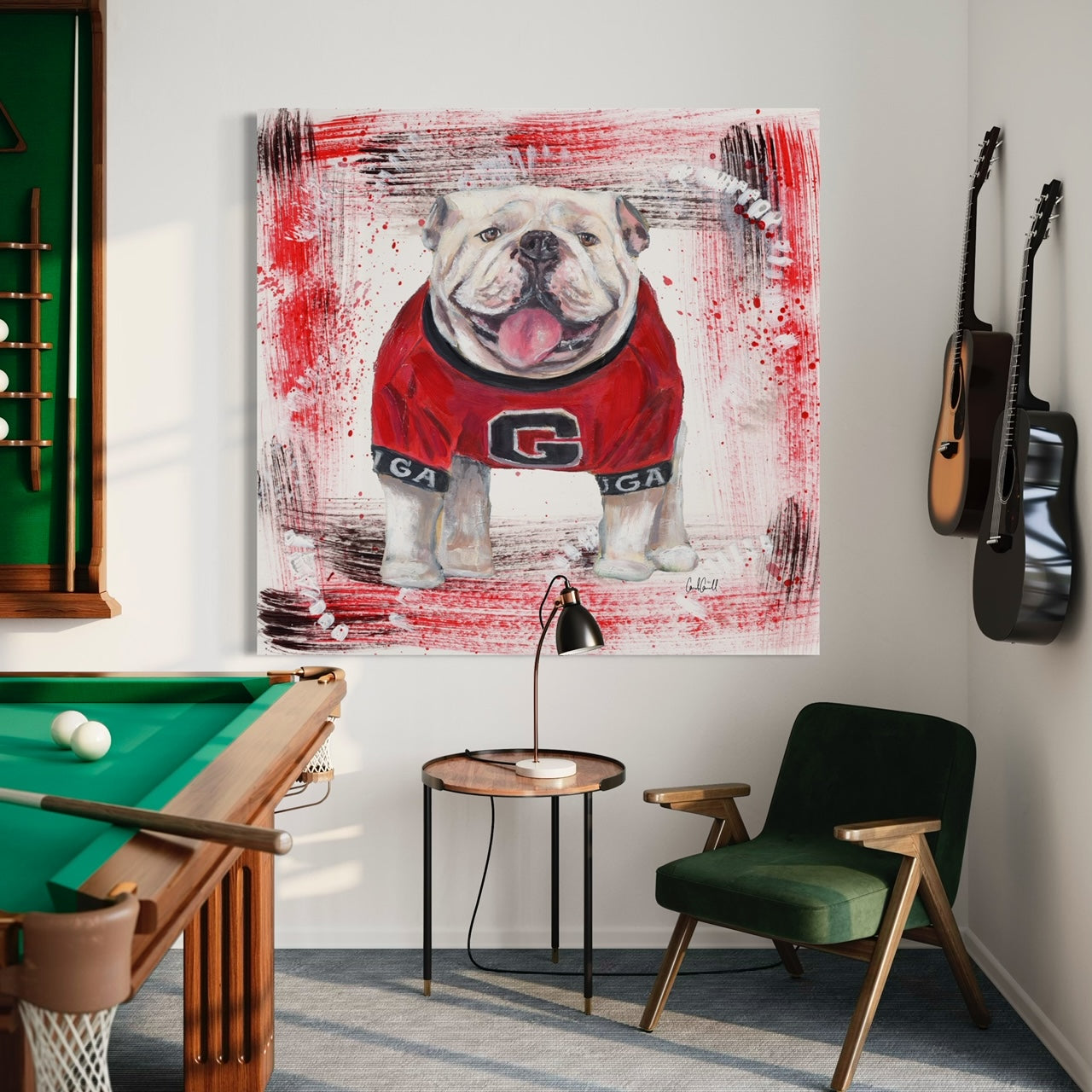 University of Georgia bulldog mascot with red and black background in music billiard room