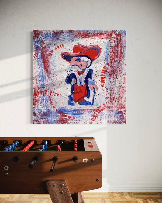 University of Mississippi Mascot Colonel Reb Canvas Print with red and blue background in game room setting