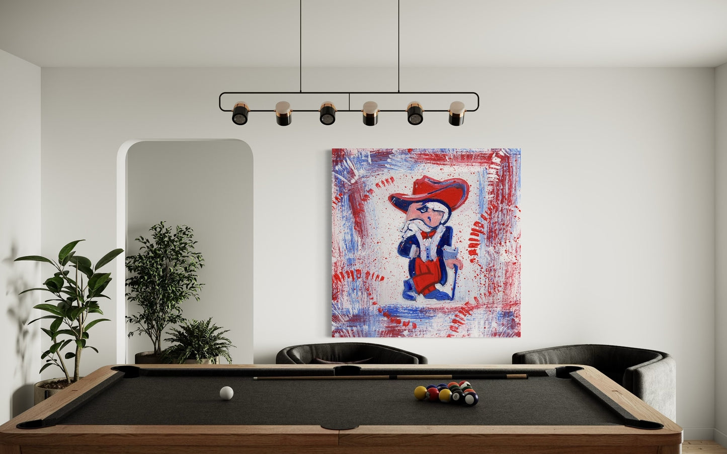 University of Mississippi Mascot Colonel Reb Canvas Print with red and blue background in billiard room.