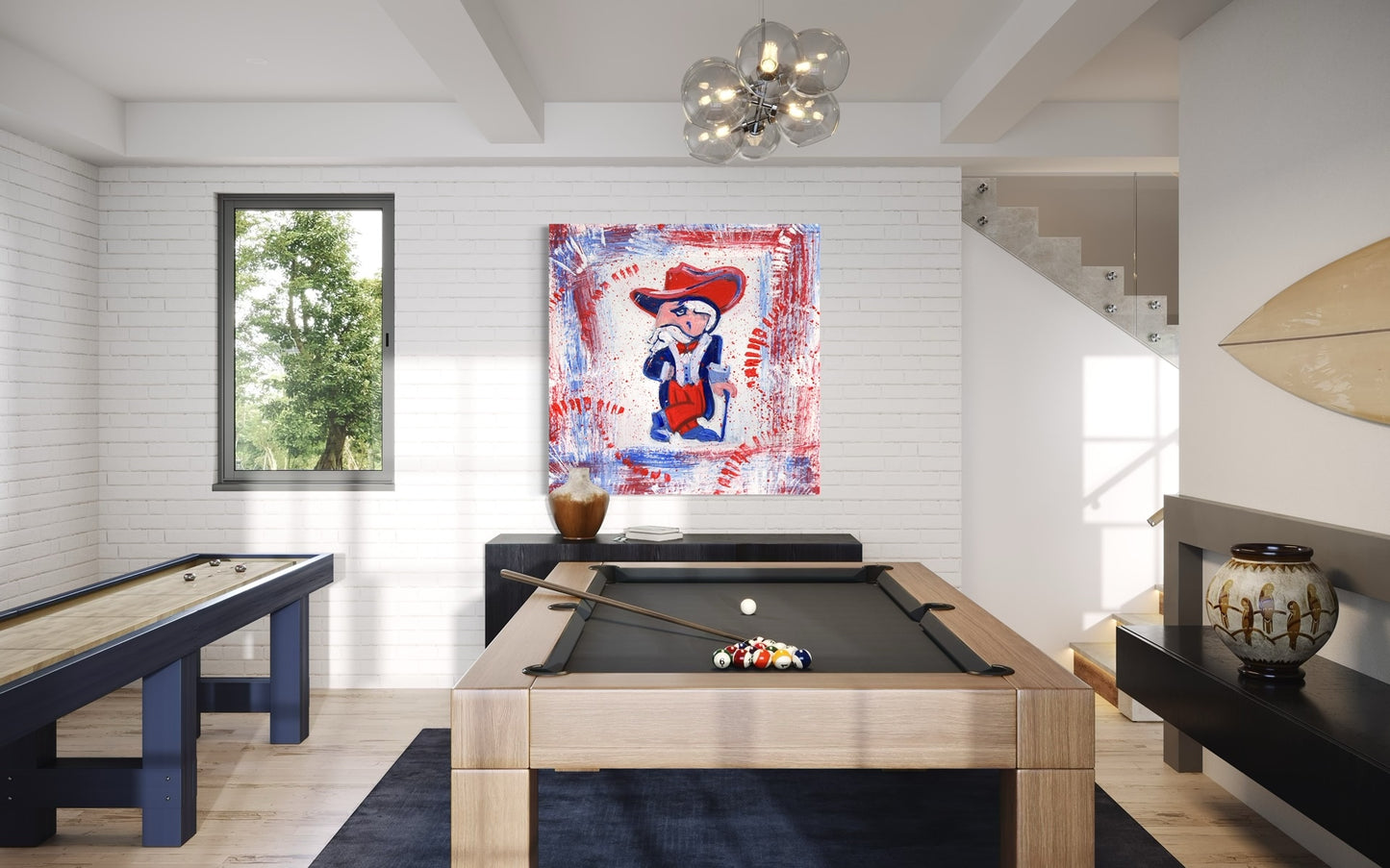 University of Mississippi Mascot Colonel Reb Canvas Print with red and blue background in black and white game room