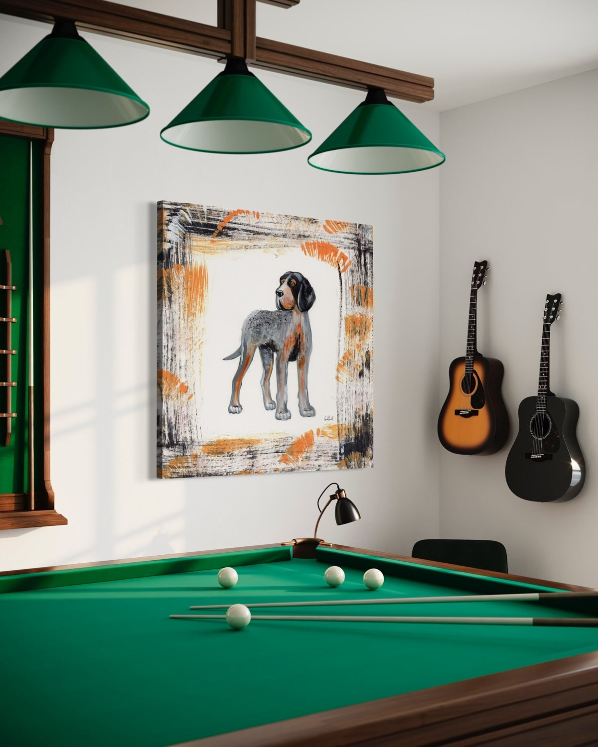 University of Tennessee Mascot Canvas Print with orange and black accented background in billiard room.
