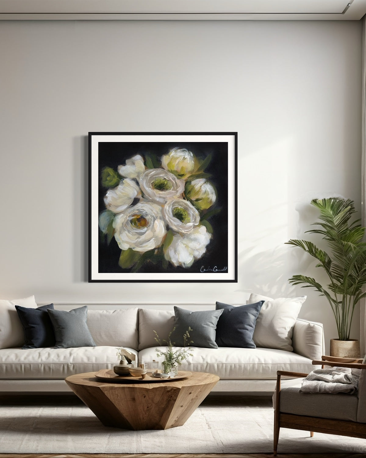 floral art print of White Peonies on black background framed in black frame